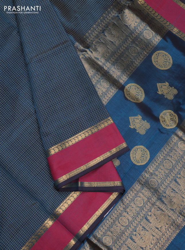 Kanchipuram silk cotton saree peacock green and red with allover thread checked pattern and rettapet zari woven border