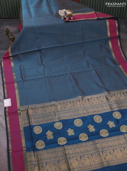 Kanchipuram silk cotton saree peacock green and red with allover thread checked pattern and rettapet zari woven border