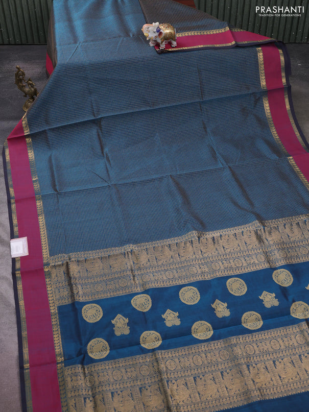 Kanchipuram silk cotton saree peacock green and red with allover thread checked pattern and rettapet zari woven border