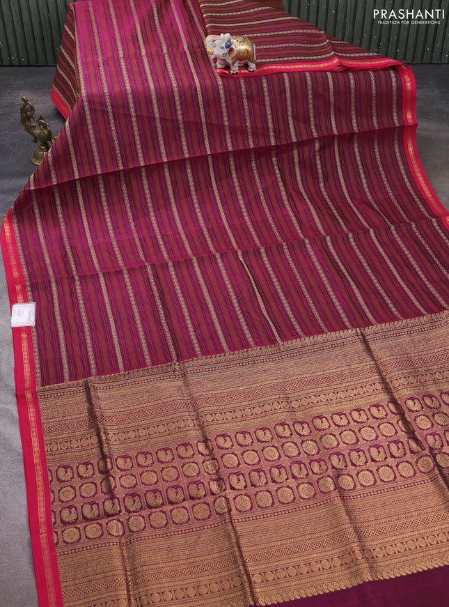 Kanchipuram silk cotton saree purple and pink with allover thread weaves and zari woven border