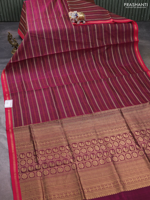 Kanchipuram silk cotton saree purple and pink with allover thread weaves and zari woven border