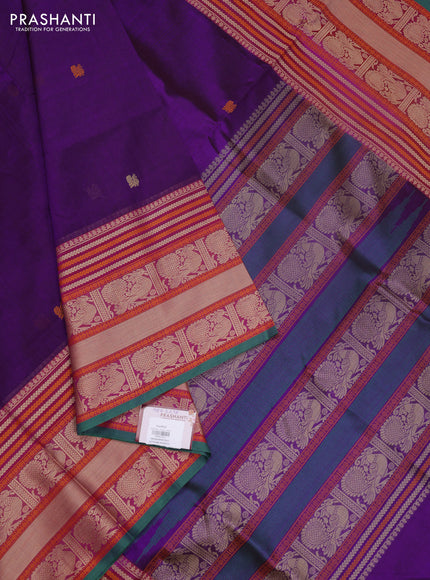 Kanchipuram silk cotton saree violet and rust shade with thread woven buttas and long thread woven border