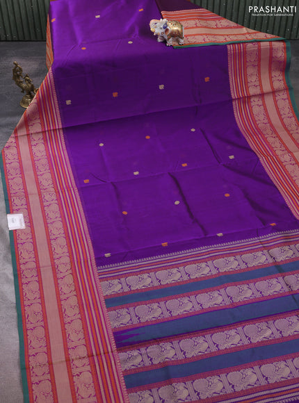 Kanchipuram silk cotton saree violet and rust shade with thread woven buttas and long thread woven border