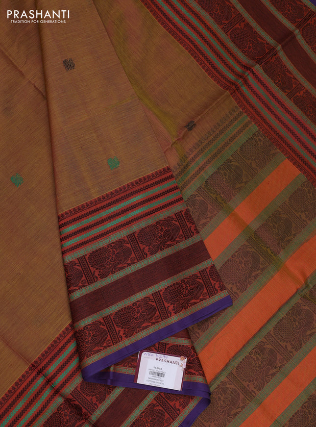 Kanchipuram silk cotton saree dark mustard and rust shade with thread woven buttas and long thread woven border