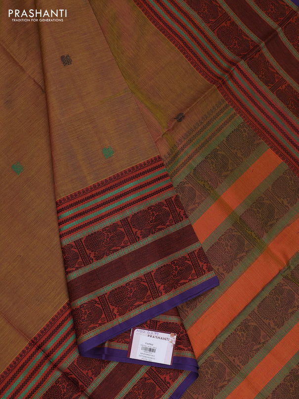 Kanchipuram silk cotton saree dark mustard and rust shade with thread woven buttas and long thread woven border