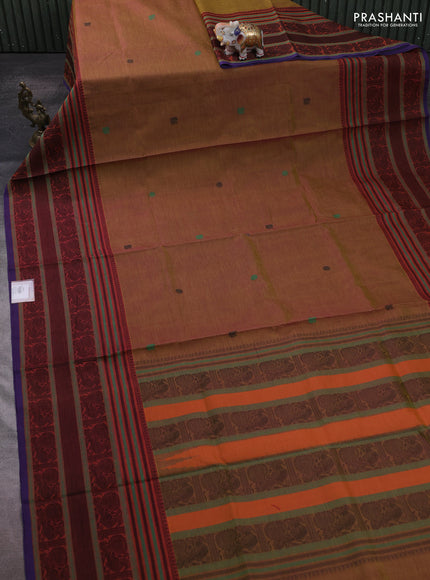 Kanchipuram silk cotton saree dark mustard and rust shade with thread woven buttas and long thread woven border