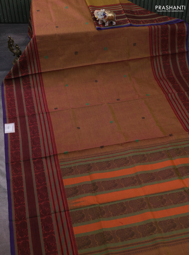 Kanchipuram silk cotton saree dark mustard and rust shade with thread woven buttas and long thread woven border