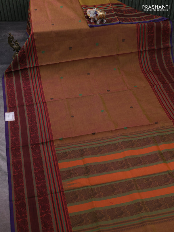Kanchipuram silk cotton saree dark mustard and rust shade with thread woven buttas and long thread woven border