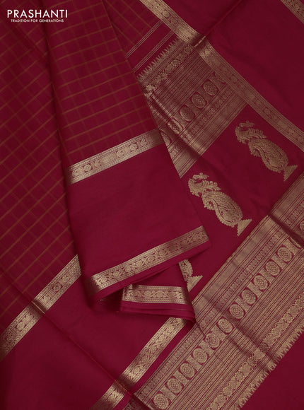 Kanchipuram silk cotton saree red with allover thread checked pattern and long rettapet zari woven border