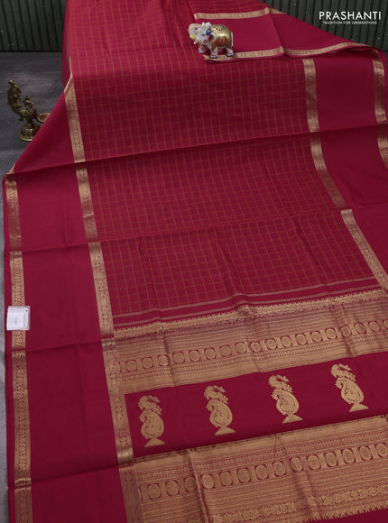 Kanchipuram silk cotton saree red with allover thread checked pattern and long rettapet zari woven border
