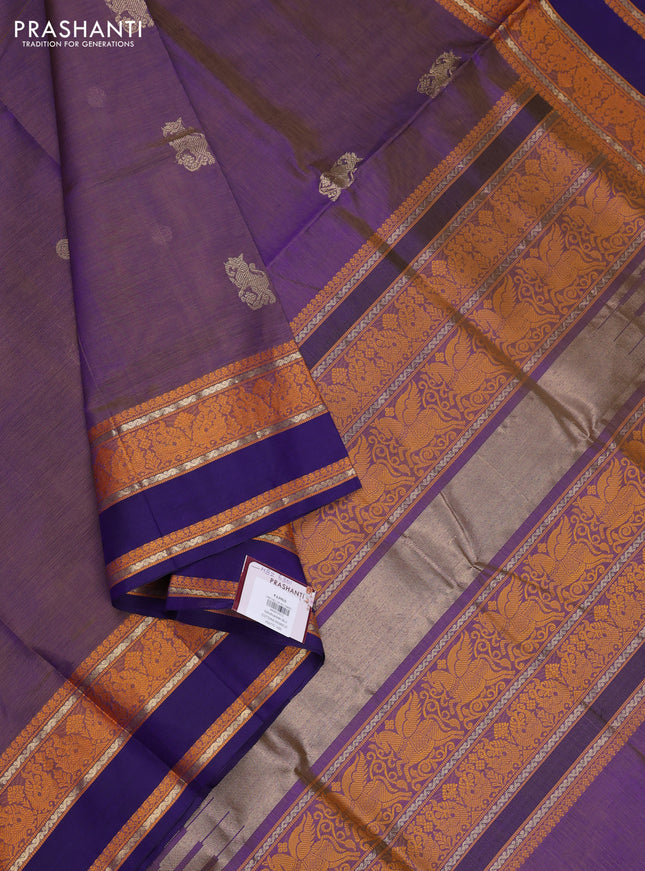 Kanchipuram silk cotton saree dual shade of purple and blue with zari woven buttas and thread woven border