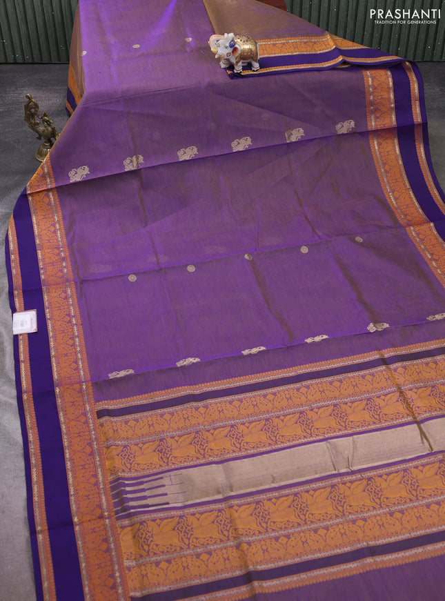 Kanchipuram silk cotton saree dual shade of purple and blue with zari woven buttas and thread woven border