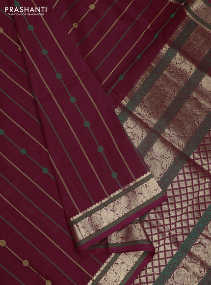 Kanchipuram silk cotton saree deep maroon with allover thread stripe pattern and zari woven border