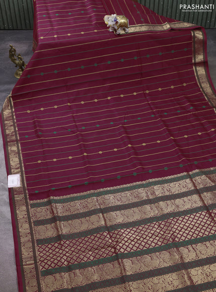 Kanchipuram silk cotton saree deep maroon with allover thread stripe pattern and zari woven border