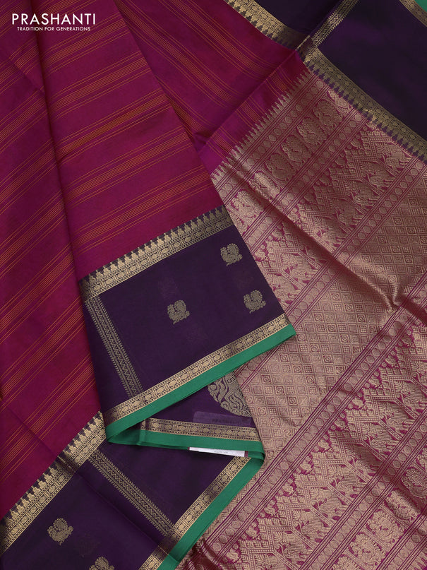 Kanchipuram silk cotton saree magenta pink and purple with allover thread weaves and rettapet zari woven butta border