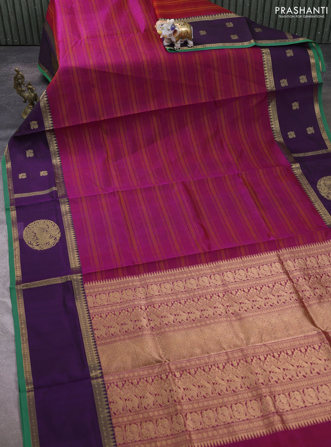 Kanchipuram silk cotton saree magenta pink and purple with allover thread weaves and rettapet zari woven butta border