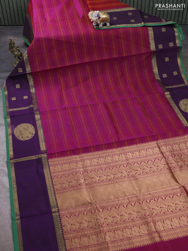 Kanchipuram silk cotton saree magenta pink and purple with allover thread weaves and rettapet zari woven butta border