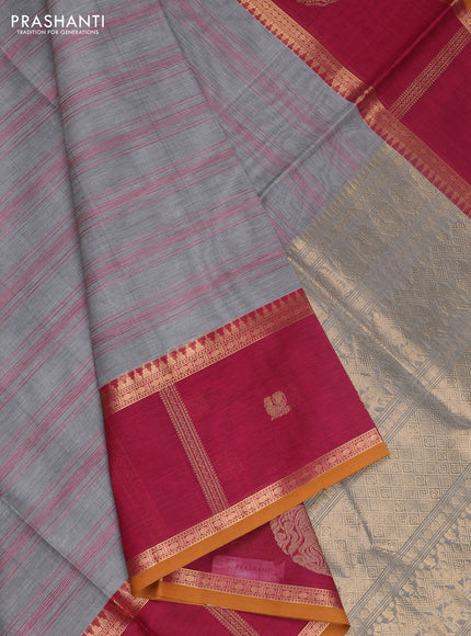 Kanchipuram silk cotton saree grey and pink with allover thread weaves and rettapet zari woven butta border