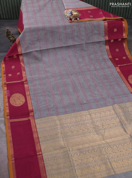 Kanchipuram silk cotton saree grey and pink with allover thread weaves and rettapet zari woven butta border