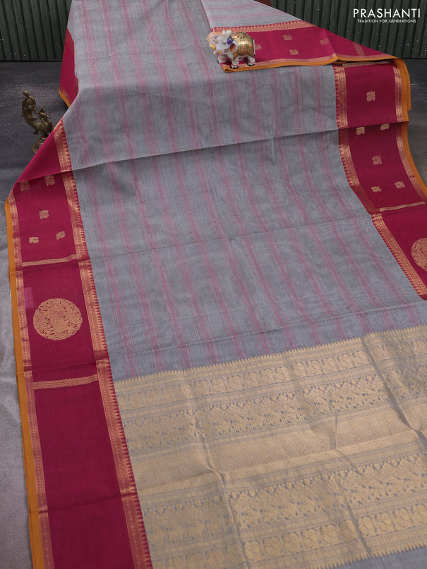 Kanchipuram silk cotton saree grey and pink with allover thread weaves and rettapet zari woven butta border