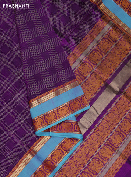 Kanchipuram silk cotton saree purple and teal blue with allover thread checked pattern and rettapet thread & zari woven border