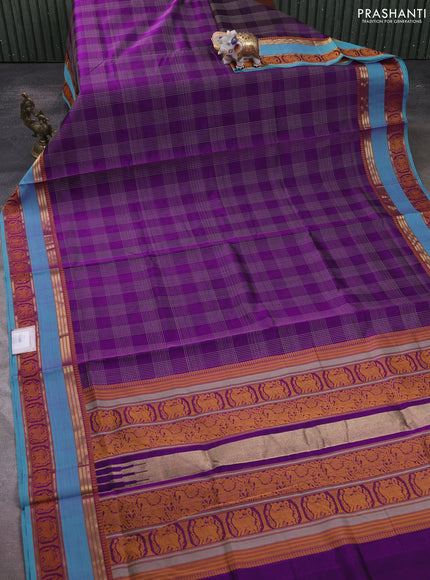 Kanchipuram silk cotton saree purple and teal blue with allover thread checked pattern and rettapet thread & zari woven border
