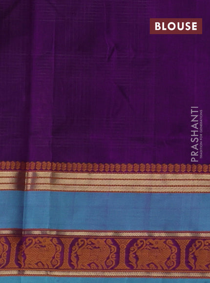 Kanchipuram silk cotton saree purple and teal blue with allover thread checked pattern and rettapet thread & zari woven border