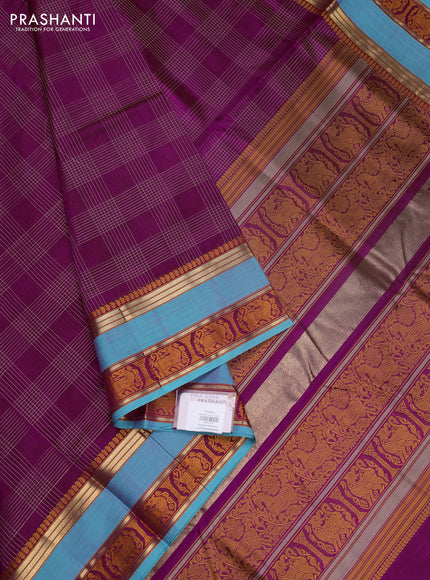 Kanchipuram silk cotton saree magenta pink and teal blue with allover thread checked pattern and rettapet thread & zari woven border