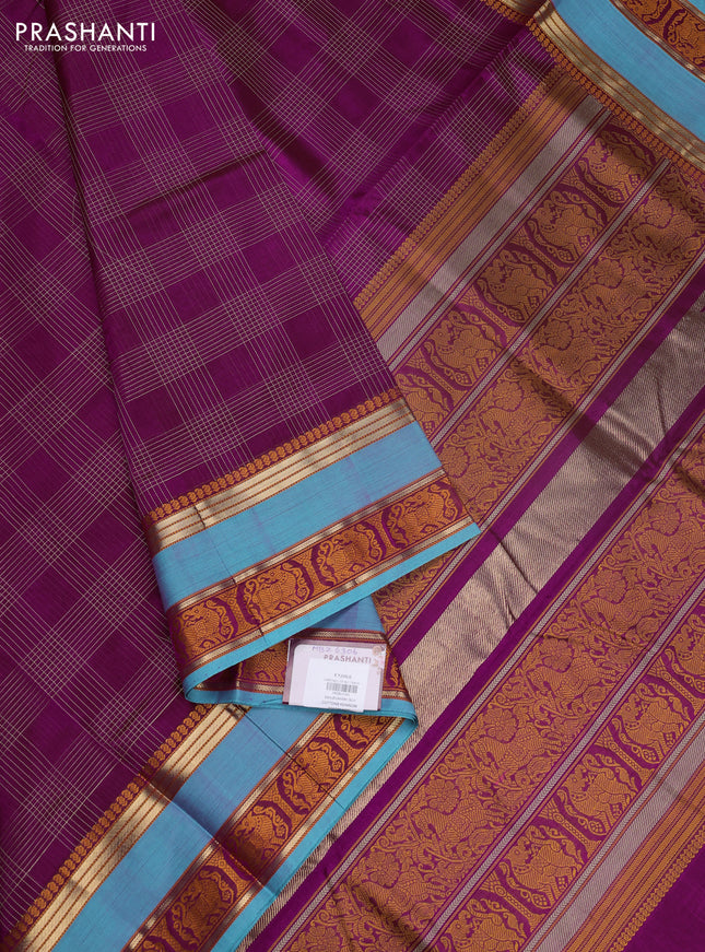 Kanchipuram silk cotton saree magenta pink and teal blue with allover thread checked pattern and rettapet thread & zari woven border