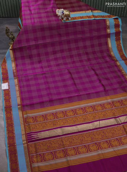 Kanchipuram silk cotton saree magenta pink and teal blue with allover thread checked pattern and rettapet thread & zari woven border