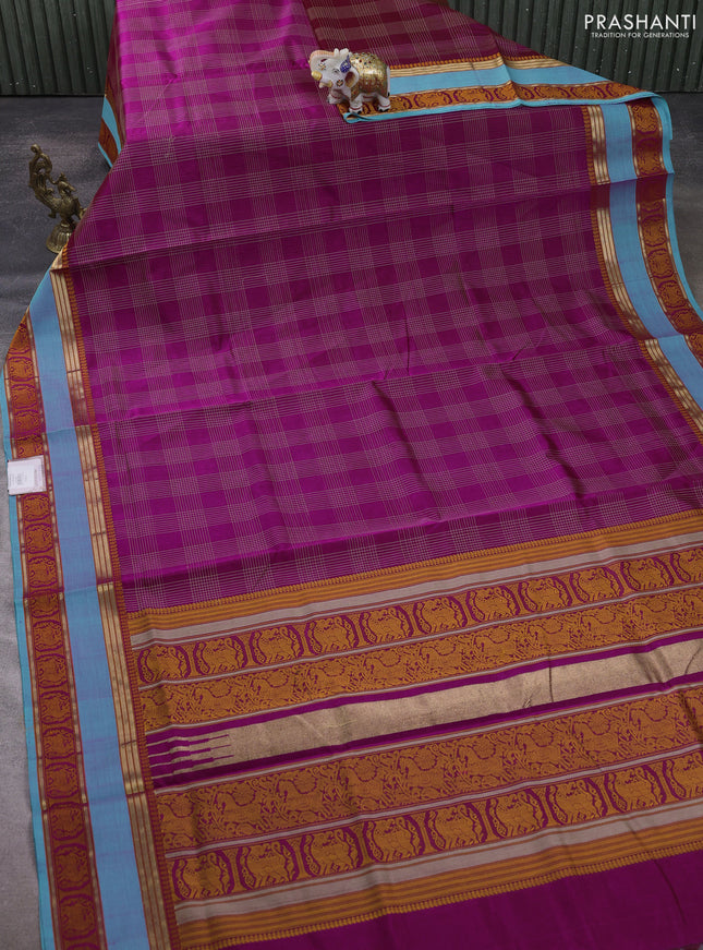 Kanchipuram silk cotton saree magenta pink and teal blue with allover thread checked pattern and rettapet thread & zari woven border
