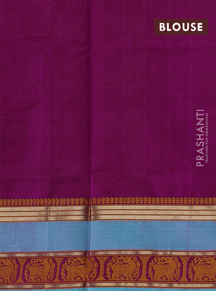 Kanchipuram silk cotton saree magenta pink and teal blue with allover thread checked pattern and rettapet thread & zari woven border