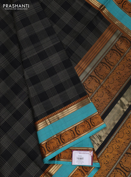 Kanchipuram silk cotton saree black and teal blue with allover thread checked pattern and rettapet thread & zari woven border