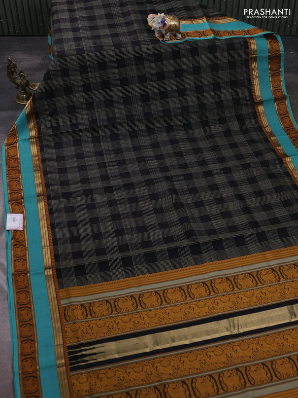 Kanchipuram silk cotton saree black and teal blue with allover thread checked pattern and rettapet thread & zari woven border