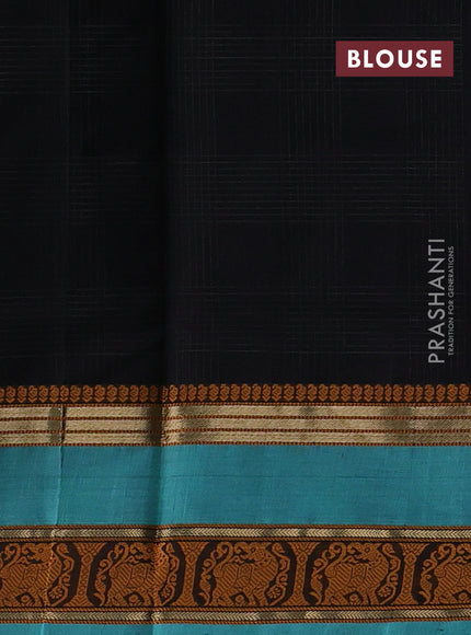 Kanchipuram silk cotton saree black and teal blue with allover thread checked pattern and rettapet thread & zari woven border