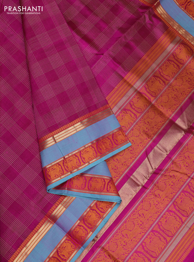 Kanchipuram silk cotton saree magenta pink and teal blue with allover thread checked pattern and thread & zari woven border