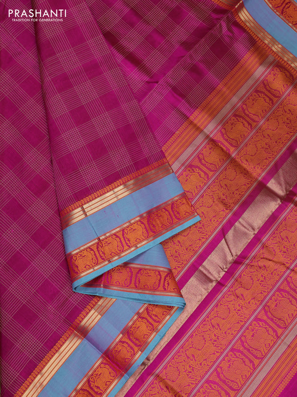 Kanchipuram silk cotton saree magenta pink and teal blue with allover thread checked pattern and thread & zari woven border