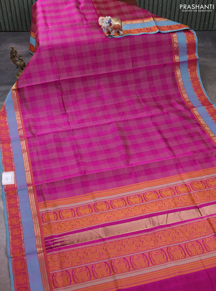 Kanchipuram silk cotton saree magenta pink and teal blue with allover thread checked pattern and thread & zari woven border