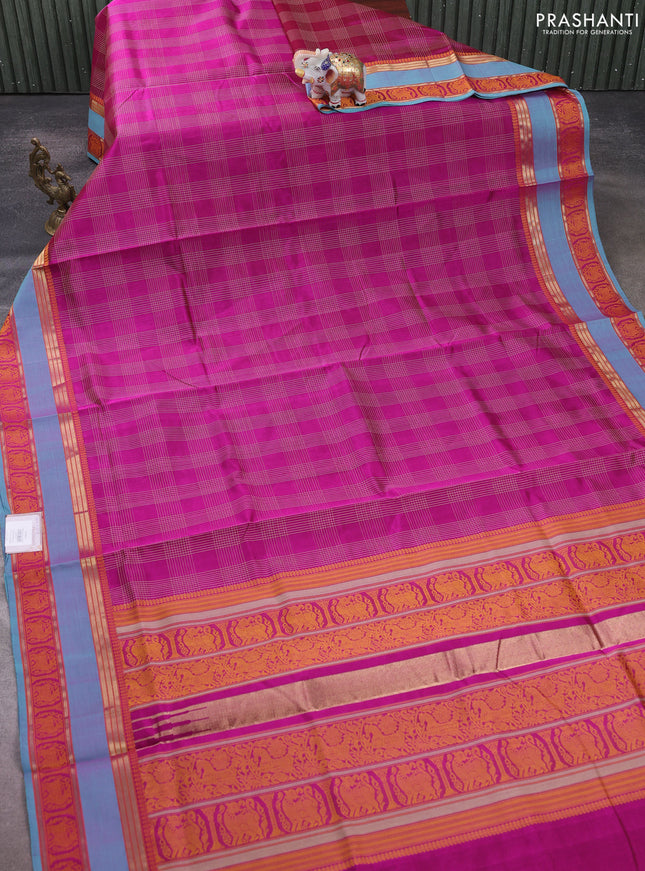 Kanchipuram silk cotton saree magenta pink and teal blue with allover thread checked pattern and thread & zari woven border