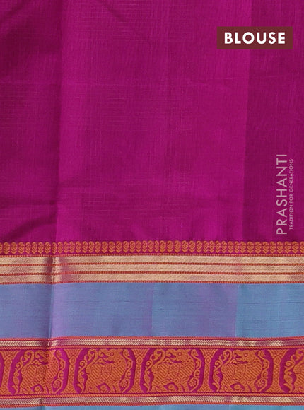 Kanchipuram silk cotton saree magenta pink and teal blue with allover thread checked pattern and thread & zari woven border
