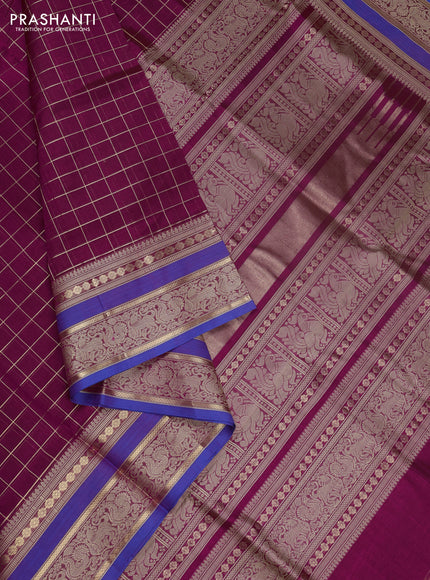 Kanchipuram silk cotton saree pink and blue with allover zari checked pattern and thread & zari woven border