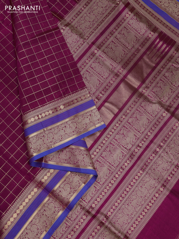 Kanchipuram silk cotton saree pink and blue with allover zari checked pattern and thread & zari woven border