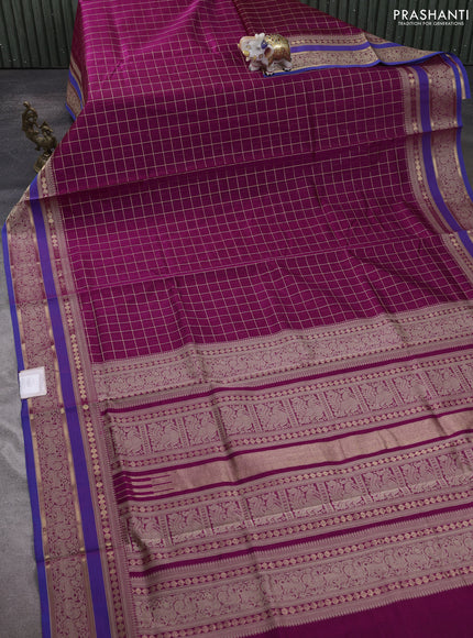 Kanchipuram silk cotton saree pink and blue with allover zari checked pattern and thread & zari woven border
