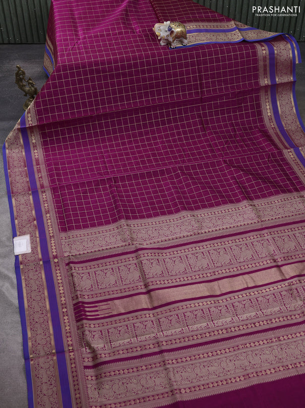 Kanchipuram silk cotton saree pink and blue with allover zari checked pattern and thread & zari woven border