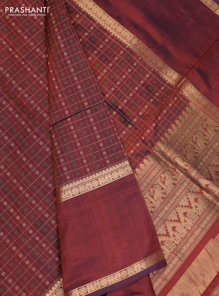 Kanchipuram silk cotton saree rust shade with allover thread checks & 1000 buttas and long rettapet zari woven border