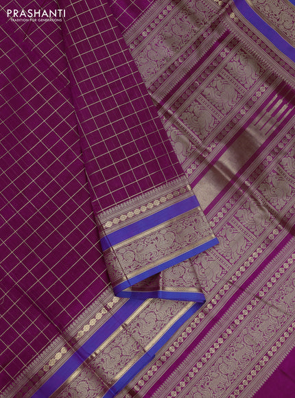 Kanchipuram silk cotton saree magenta pink and blue with allover zari checked pattern and thread zari woven border