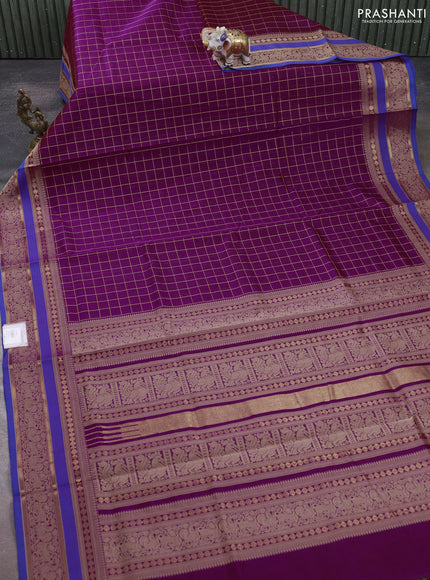 Kanchipuram silk cotton saree magenta pink and blue with allover zari checked pattern and thread zari woven border