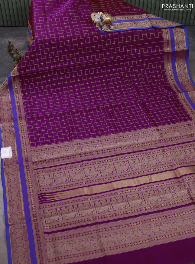 Kanchipuram silk cotton saree magenta pink and blue with allover zari checked pattern and thread zari woven border