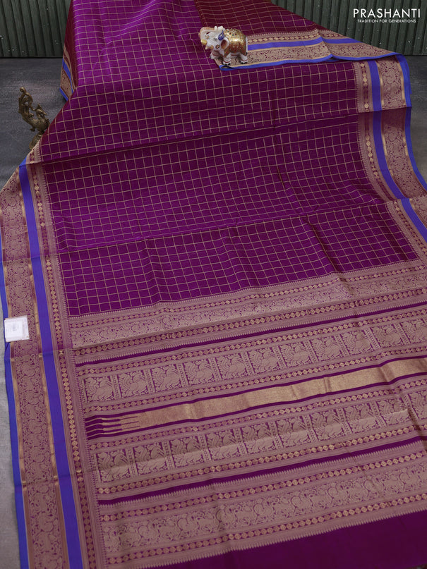 Kanchipuram silk cotton saree magenta pink and blue with allover zari checked pattern and thread zari woven border