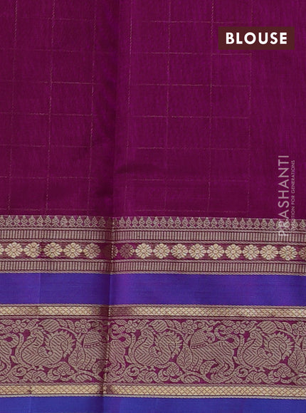Kanchipuram silk cotton saree magenta pink and blue with allover zari checked pattern and thread zari woven border